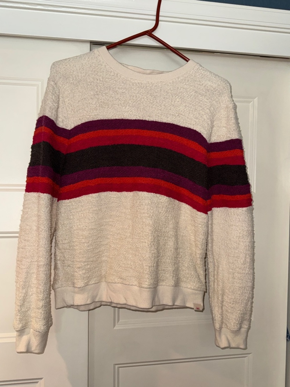 Faherty Cream Crewneck Sweater with Red and Purple Stripes